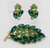 Vintage Two-Tone Green Rhinestone Brooch and Earring Set