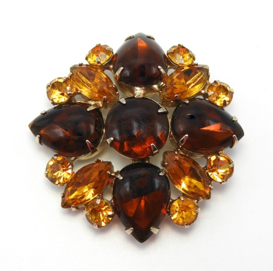 Vintage Amber and Topaz Glass Stone Brooch