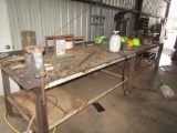 4' x 14' Steel work table w/ vise & contents.