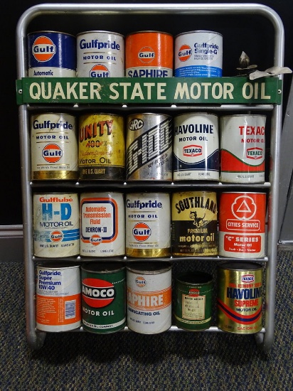Quaker State Motor Oil Rack and Cans
