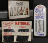 Coca-Cola Sign, Drive Carefully Thermometer and Don-Q Hair Combs