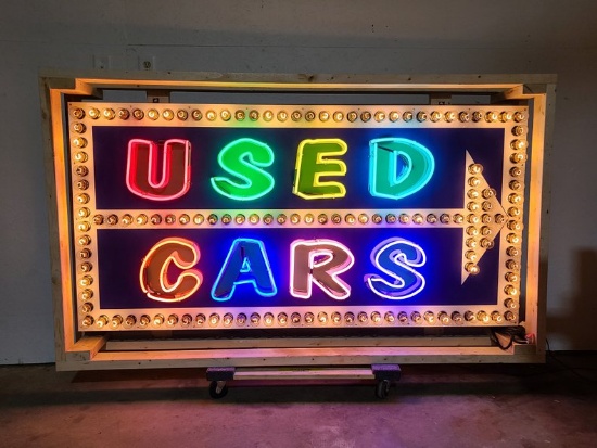 USED CARS Tin Neon Sign with Chasing Lights Arrow