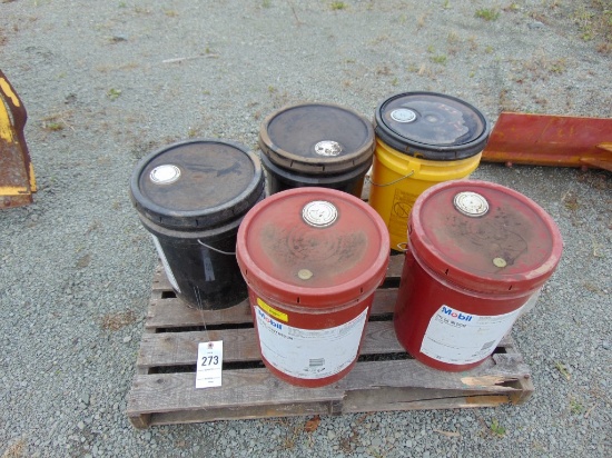 pallet of 5 buckets of different oil