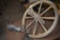 Antique wooden wagon wheel, cast iron black Cat, antique jack