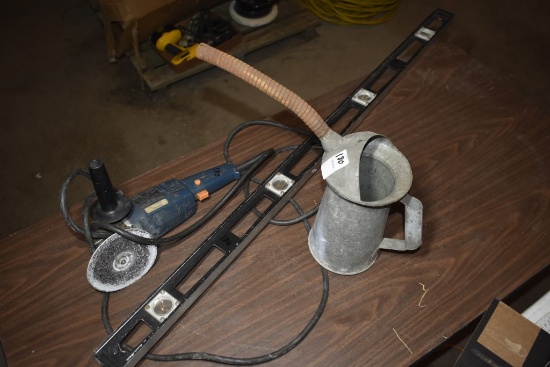 AEG Angle Grinder, Level, and antique Can