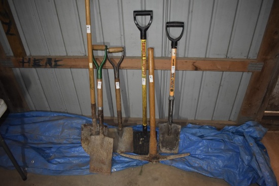 2 square shovels, 2 spade shovels, shingle shovel and pick