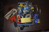 Box with Agway voltage tester, Stanley Scratch Awl, hardware, Craftsman Handrill