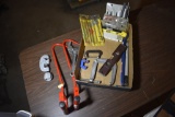 Pipe cutter, Hay Hooks, C-Clamps, prybars, wood bore bits, and craftsman chisel and punch set