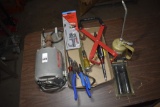 Battery Puller, Dayton powered bench drill, pliers, wire stripper, blow gun, oil can