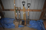 2 square shovels, 2 spade shovels, shingle shovel and pick