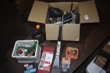 Box of roofing, nailing, and sanding equipment