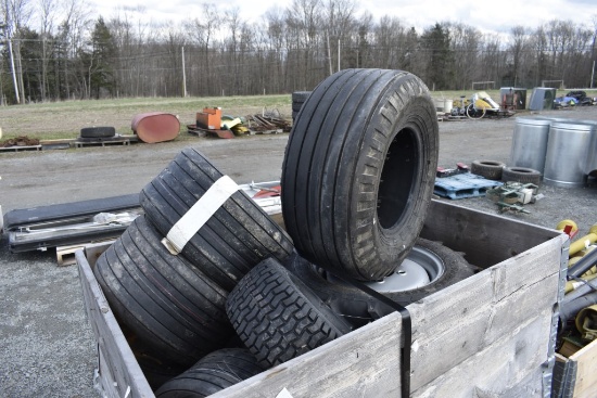 4 tedder/rake tires, compact front tire, lawn mower tire and and large quantity of planter wheels