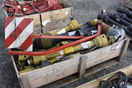 Box of Approx 10 PTO shafts and a set of Tedder Safety arms