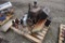 Pallet with Wisconsin Engine, 2 Jack Stands, Hydraulic Tank, 3 Bottle Jacks, Bench Vise, 18V Drill