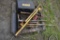 pallet with lawn tools, dewalt storage box, ridgid pipe cutter, load bar, etc