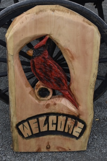 Cardinal Welcome Wood Carving