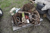 Pallet of Tire Chains, Antique Tools, Cow Kicker, Hay Fork