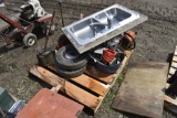 Pallet with Stihl 017 Chain Saw, 2 Homelite Demo Saws, 2 Pumps, 2 Solid Tires, KITCHEN SINK INCLUDED