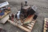 Pallet with Wisconsin Engine, 2 Jack Stands, Hydraulic Tank, 3 Bottle Jacks, Bench Vise, 18V Drill