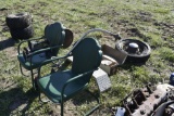 Green outdoor chairs, awooga horn, diamond plate wheel covers