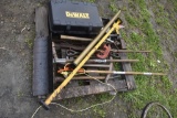 pallet with lawn tools, dewalt storage box, ridgid pipe cutter, load bar, etc