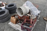 Metal Shelves, umbrella stand, misc small engine pieces and filter