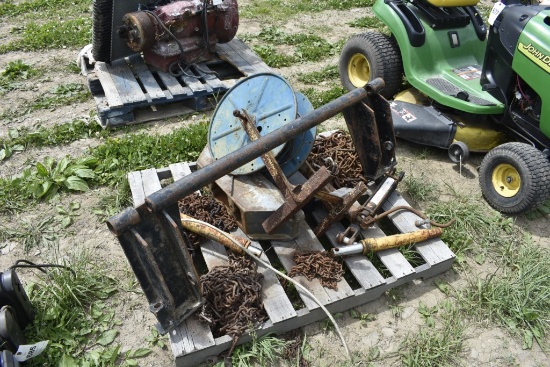 pallet of tire chains, hydraulic cylinders, cable real, etc