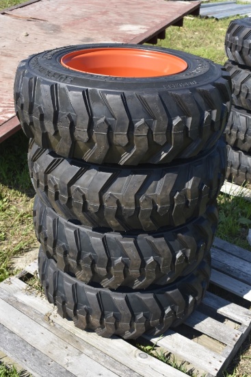 4 New Forerunner 10-16.5 Skidsteer Tires on 8 lug Orange rims