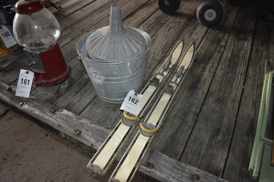 Pair of Antique Kid's Skis, Galvanized Pale with Funnel