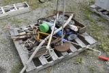Pallet with Lamp, Propane Fogger, Pipe Vice, Chains, Misc Tools, Window Weights