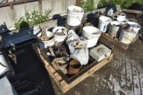 pallet with box of fittings, buckets with masonry tools, etc