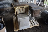 pallet with antique sowing machine, vintrola, metal lock box, and mirror