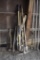 Pick axe, 2 shovels, axe, 2 stone rakes, ditch pick, and post hole digger that needs work