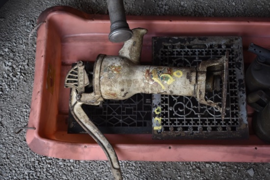 2 Antique blow torches, heat registers, and antique well pump
