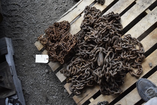 Large group of chains with hooks on each end and a set of tire chains