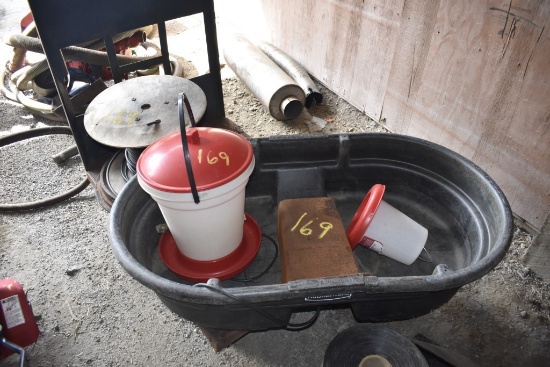 100 gallon water tote with 2 chicken waterers and roll of cable