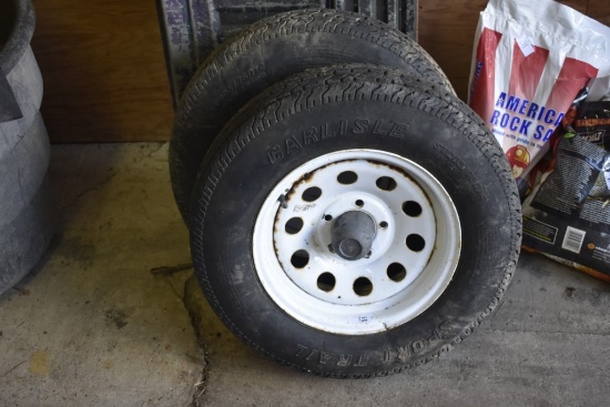 Pair of Carlisle ST205-75D14 trailer tires on 5 lug rims