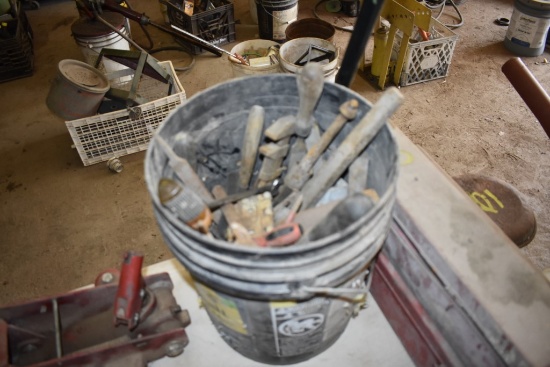 Bucket of tools, chisels, files, and misc. hardware