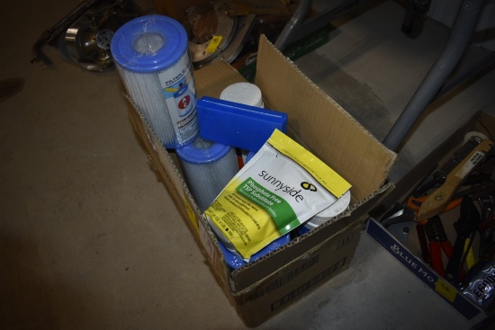 box of Pool Filter Replacements, water testing kit, Chlorine tabs,