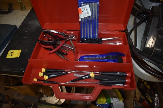 Box of jewelry Tools including small Pliers, Screwdrivers, box cutter, exactor Knives