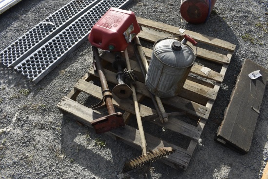 Gas Can, Antique Jacks, garden tools