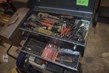 Tool Box with contents including wrenches, pliers, snips, wire strippers, etc
