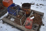 Pallet with misc tire chains, axe, gas can