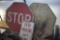 2 stop signs and one no parking at any time sign