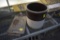 6 Gallon brown and white crock and cutting board for meat or fish