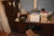 Filing Cabinet and Wooden Desk with some misc contents in them