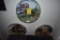 3 john deere plates, group of plates on sill, other plates, decorative wall hanger