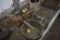 Basket Full of collectible kitchen items, old scale, barrel basket and piece of old oil lamp
