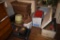 Group of misc items like old lock boxes, suitcase, old wooden trunk, bread maker, etc