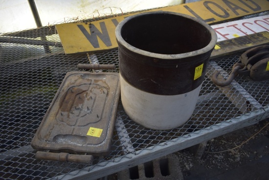 6 Gallon brown and white crock and cutting board for meat or fish